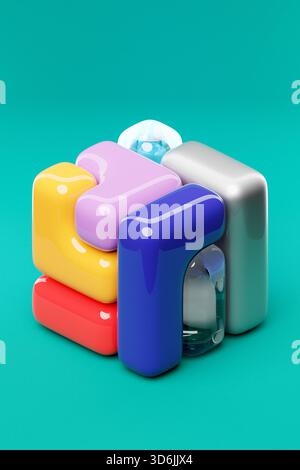 3d illustration of a  colorful  cube  on a green  background. Digital shape Stock Photo