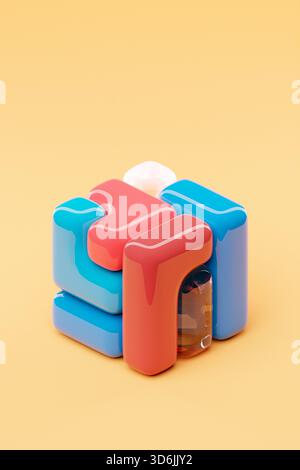 A stylized 3D cube featuring a palette of multiple colors, set against a lush red background, illustrating a digital abstract form Stock Photo