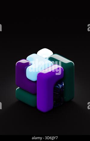 A 3D illustration of a colorful cube set against a purple  background, showcasing a digital, geometric shape. Stock Photo