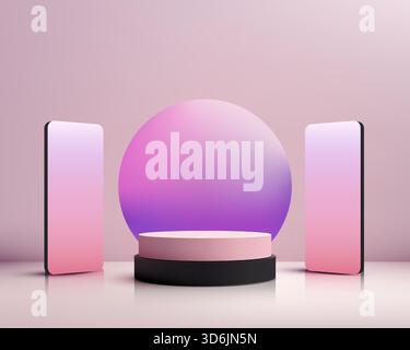 minimalist 3d product display set in soft pink gradient scene with round pedestal, sphere and vertical smartphone screens for branding visuals, tech s Stock Vector