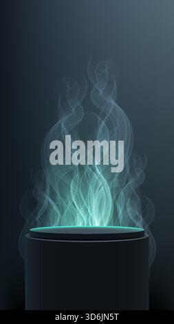 glowing turquoise cylinder rises from a dark studio scene, forming smoke like lines that create a sci fi mood, ideal for showcasing modern products or Stock Vector