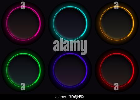 abstract neon glow circle frames featuring vibrant luminous rings on a dark background for digital graphics where the bright shapes create modern visu Stock Vector
