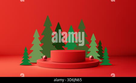 minimalist christmas scene set on a solid red background with a two tier 3d podium, glossy ornaments, and stylized evergreen trees arranged for a clea Stock Vector
