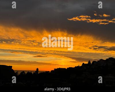 Sunset dramatic sky above old town Ulcinj Montenegro Stock Photo
