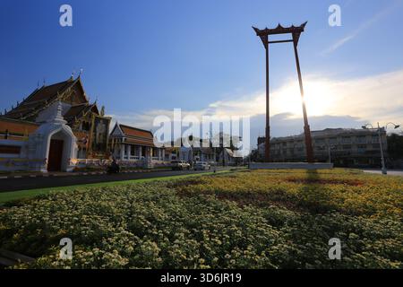 Bangkok, Thailand- 28 September 2019: Stunning landmark of Bangkok consist of Wat Suthat Thepwararam Ratchaworamahawihan and Giant Swing (Sao Chingcha Stock Photo