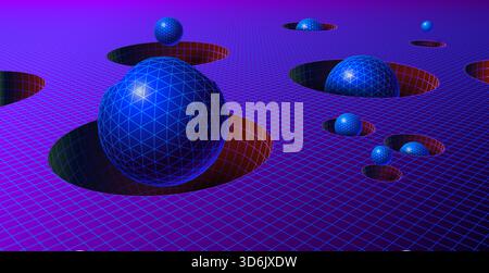 Retro-futuristic 80s grid landscape with geometric spheres in polygonal holes, vintage synthwave and science fiction art Stock Vector