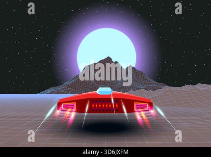 Arcade space ship flying to the sun over synthwave mountain peak Stock Vector