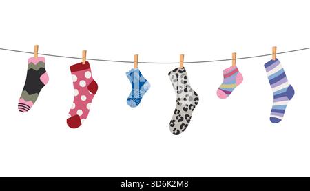 Wool and cotton socks hanging on a rope with clothespins, decorated with playful textures and patterns, perfect for laundry, kids clothing and cozy Stock Vector