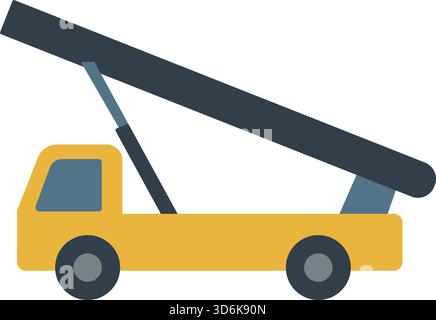 Side view of a yellow bucket truck with an extended boom lift arm for aerial work. Stock Vector