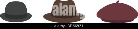 Horizontal row featuring three different brimmed hats in gray, brown and maroon tones. Stock Vector