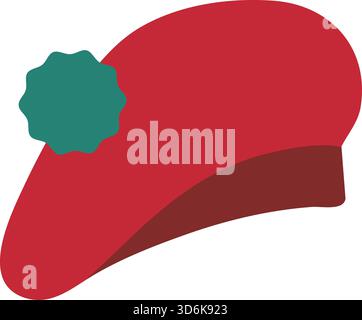 Stylized red beret accented with a small green rosette detail on the side. Stock Vector