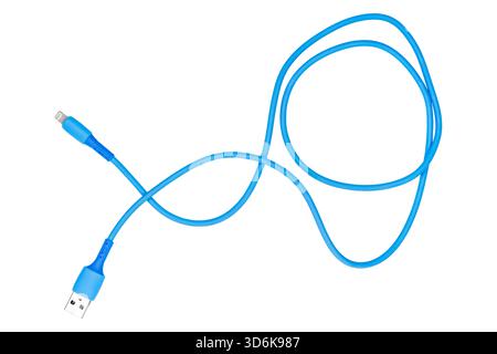 Blue phone charging cord isolated on white background. Stock Photo