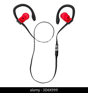 Wireless black and red headphones for phone isolated on white background. Stock Photo