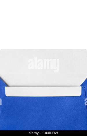 Empty blank blue paper opened envelope closeup isolated over white Stock Photo