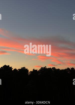 A serene twilight sky painted with vibrant streaks of coral and peach clouds against a deepening blue. The soft gradient from warm horizon glow Stock Photo