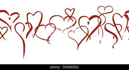 Sketch hearts hand drawn in pen and ink, connected as endless border, flowing calligraphic lines. Vector seamless banner illustration. Valentine Stock Vector