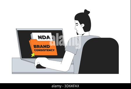 Man clicking brand consistency folder on desktop laptop 2D cartoon character Stock Vector