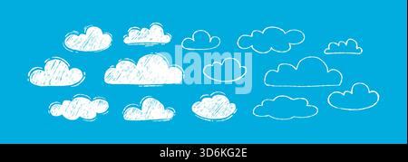 Crayon Outline and Filled white Clouds set. Curvature Chalk Textured Freeform Hand Drawn. Isolated Childish naive Doodles on Blue Background. Vector i Stock Vector