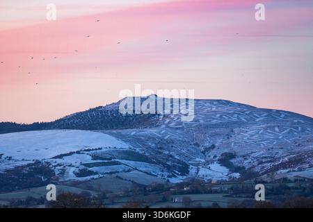 UK Weather:  Clear skies and dropping temperatures resulted in a very cold and frosty start to the morning in rural Flintshire with temperatures at -4C  in rural Flintshire and snow on the Clwydian Range and Moel Famau this highest peak in the range, North Wales 21st November 2025 , Flintshire, Wales ©DGDImages/Alamy Live News Stock Photo