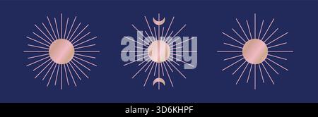 Simple line golden celestial magical sun, sunburst, light rays with moon. Bohemian magic esoteric style vector design, shape, space symbol. Stock Vector