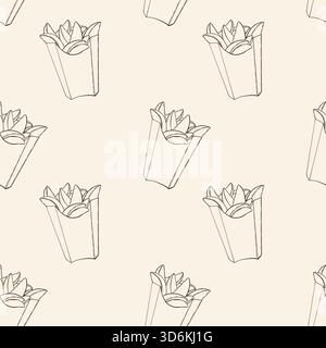 French fries in box, hand drawn doodle on light background. Junk food, fried potatoes, fast food, packaging. Vector illustration Stock Vector