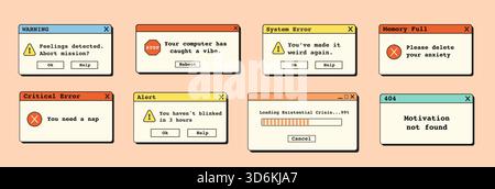 Retro vaporwave error popups and funny alert windows. 90s style surreal system dialog boxes with text and pastel UI elements. Flat Style Vector Stock Vector