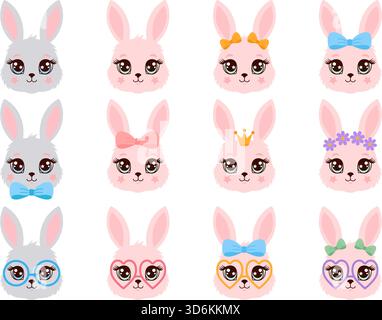 Set of cute cartoon bunny faces: grey and pink rabbits with bows, glasses, crown, and flower wreath. Stock Vector