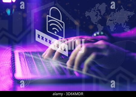 Hands typing on laptop keyboard with digital padlock and password icons. Digital security concept. High quality photo Stock Photo