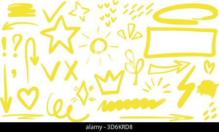 Set of neon yellow marker drawings in doodle sketch style. Simple hand drawn symbols for note taking, diary and blog post design. Vector elements Stock Vector