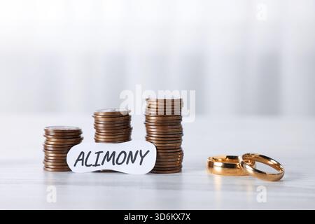 Paper note with word Alimony, coins and wedding rings on wooden table, closeup Stock Photo