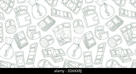 Hand drawn dollar bills seamless pattern. White background with curled bills, folded banknotes and wallet with money, in doodle style. Cash finance Stock Vector