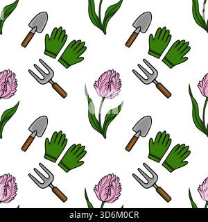 Seamless vector pattern featuring pink tulips and gardening tools, including trowels and gloves, set against a clean white background. Stock Vector