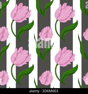 Seamless vector pattern of delicate pink tulips with vibrant green leaves set against a modern striped background of dark gray and white. Stock Vector