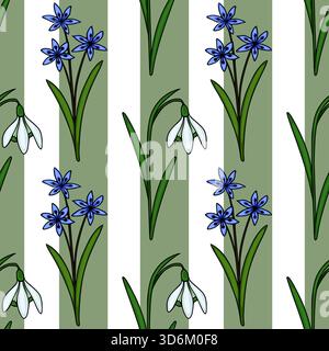 Seamless vector pattern featuring delicate blue scilla flowers and white snowdrops against a soft green and white striped background, evoking a fresh Stock Vector