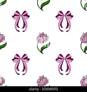 A charming vector pattern featuring delicate pink parrot tulips and elegant purple and pink bows, creating a whimsical and celebratory floral design. Stock Vector