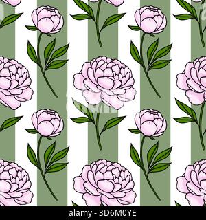 Seamless vector pattern featuring delicate pink peonies and lush green leaves against a background of alternating sage green and white vertical stripe Stock Vector