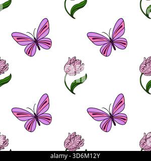 Seamless vector pattern of delicate pink parrot tulips and vibrant purple and pink striped butterflies on a clean white background. Stock Vector