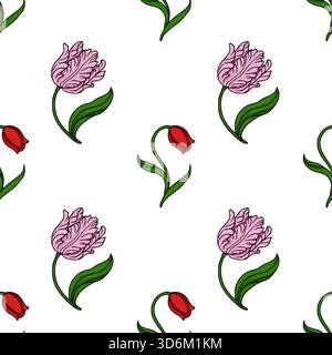 Seamless vector pattern featuring delicate pink parrot tulips and vibrant red tulips with lush green leaves on a clean white background, perfect for s Stock Vector