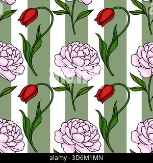 Seamless vector pattern featuring delicate pink peonies and vibrant red tulips against a background of alternating green and white vertical stripes. Stock Vector
