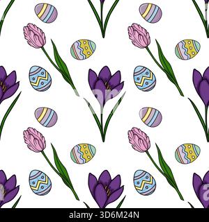 Seamless vector pattern of spring tulips, crocuses, and decorative Easter eggs with pastel stripes. Stock Vector