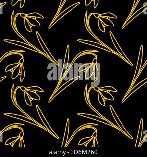 A minimalist vector pattern featuring delicate yellow snowdrop flowers with thin outlines against a solid black background, creating a striking contra Stock Vector