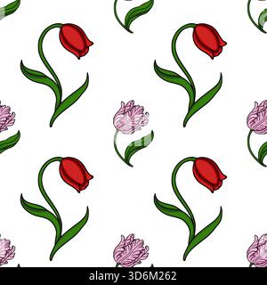 A charming vector seamless pattern featuring delicate red and pink parrot tulips with vibrant green stems and leaves on a clean white background. Stock Vector