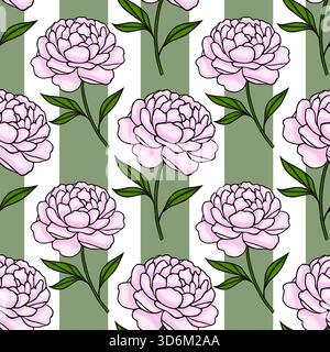 Seamless vector pattern of delicate pink peonies with green leaves against a background of alternating white and sage green vertical stripes. Stock Vector