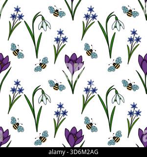 Charming vector seamless pattern featuring spring flowers like crocuses, snowdrops, and scillas, accompanied by playful bees, on a clean white backgro Stock Vector