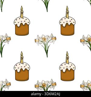 Seamless vector pattern of Easter cakes with lit candles and daffodils, evoking spring celebration and festive joy. Stock Vector