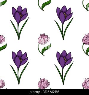 Seamless vector pattern featuring vibrant purple crocuses and delicate pink parrot tulips with green leaves on a white background. Stock Vector