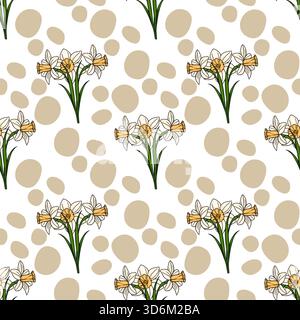 Seamless vector pattern featuring hand-drawn daffodils and abstract beige organic shapes on a white background. Stock Vector