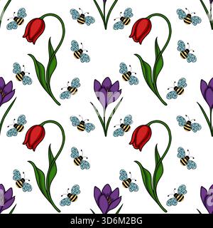 Seamless vector pattern featuring whimsical bees and blooming tulips and crocuses, evoking a cheerful spring garden scene. Stock Vector