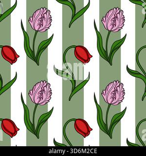 Seamless vector pattern of stylized tulips and leaves on a striped green and white background, featuring delicate pink and bold red blooms with vibran Stock Vector