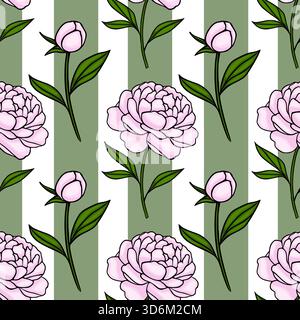Delicate pink peony and tulip buds vector pattern with green and white vertical stripes, showcasing a romantic and fresh botanical illustration. Stock Vector